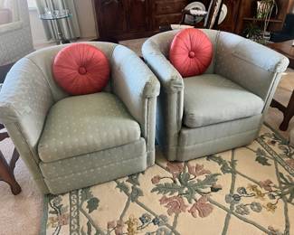 Pair of Blue Upholstered Barrel Back Arm Chairs