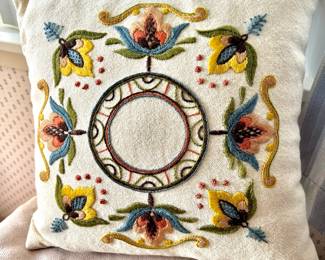 Floral Folk Art Embroidered Throw Pillow