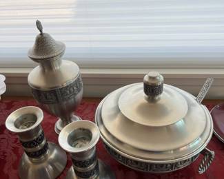 Savannah Norsk Tinn Norwegian Pewter Urn, Pair of Norsk Tinn VAGA Pewter Norwegian Candle Holders, Norsk Tinn VAGA Pewter Norwegian Pewter Lidded Serving Dish