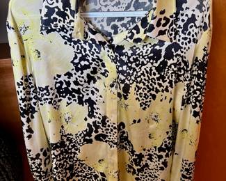 St. John Blouse Yellow Black White Silk Button Up Long Sleeve – Size 10