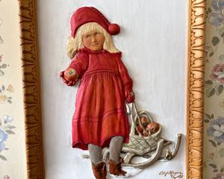 1989 Framed 3D Art of Girl With Basket of Apples by Olaf Hagen