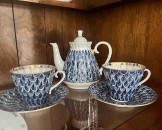 Porcelain Russian Lomonosov "Forget Me Not" Teapot, Pair of Teacup & Saucers