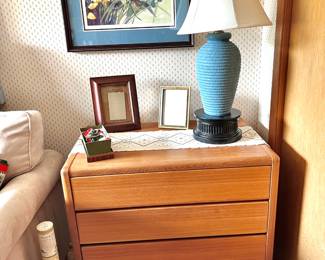 Mid Century Teak 4 Drawer Chest Nightstand, Blue Ribbed Ceramic Table Lamp