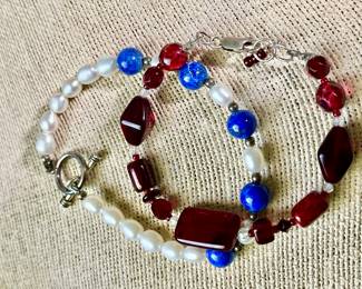 (2) Sterling Silver Bracelets w/ Pearl, Lapis & Dark Red Beads