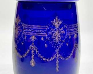 Antique Hand Etched Cobalt Blue Glass Urn