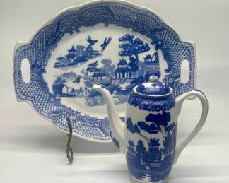 Vtg Blue Willow Transferware Serving Platter and Coffee Pot