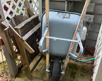 Wheel barrel and Adirondack chairs