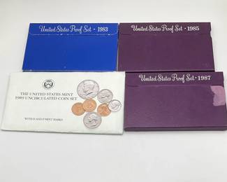 1983 US Proof Set, 1985 US Proof Set, 1987 US Proof Set, 1989 US Mint Uncirculated Coin Set