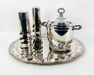 Silver Plate Ice Bucket, Tumblers and Tray
