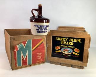 Wooden Fruit Crates, Jack Daniels Jug