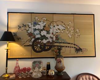Vintage Japanese "Flower Cart" 4 Panel Byob Silk Screen