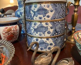 Beautiful Chinese Blue + White Porcelain Tiered Tiffin Box