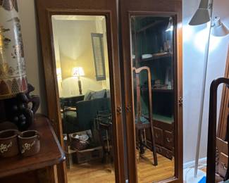 Gorgeous Antique Oak Mirrored Doors are original to Bookcase