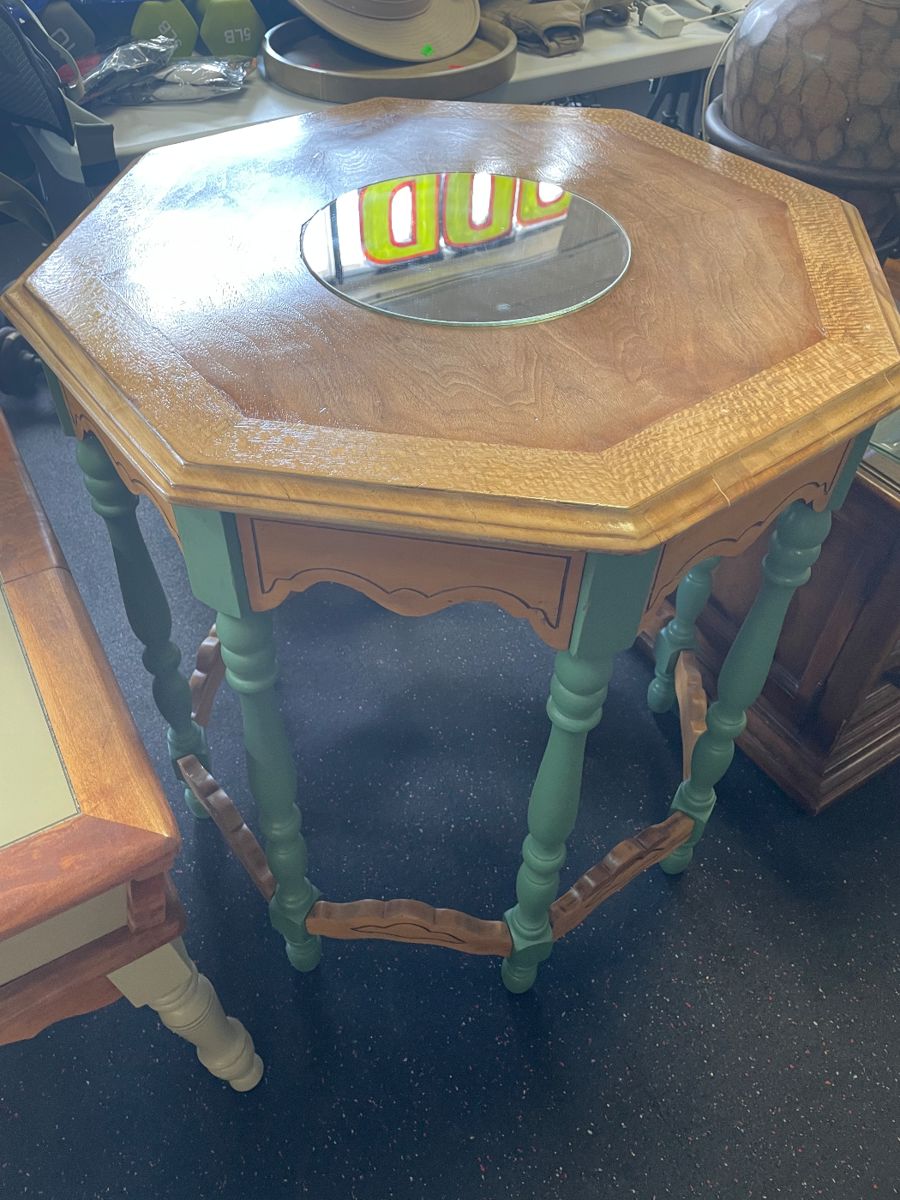end table with glass mirror top $100