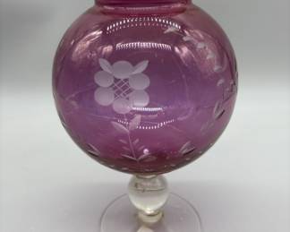 Vintage Etched Cranberry Pedestal Globe Vase