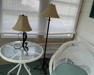 Wicker chair, round glass, top table and lamps