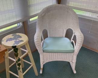 Wicker, rocker and hand painted stool