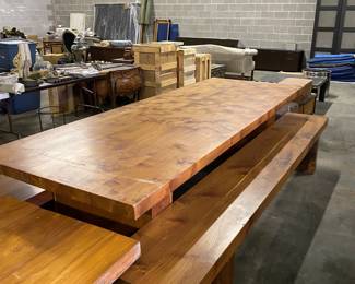 David Sutherland Teak Table with Teak Benches. Showroom piece, originally sold for $36k