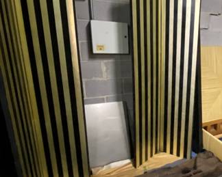 4 panel standing screen with vertical silver and black stripes