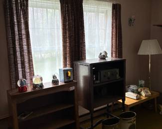Bookshelf, antique radio, vintage trash metal trash cans