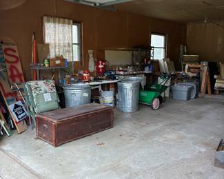 Tools and yard equipment. Vintage trunk.