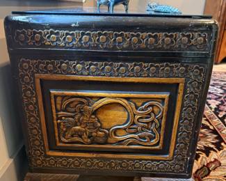 Chinese Hand Carved Foo Dog Walnut Chest