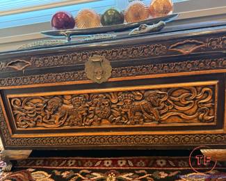 Chinese Hand Carved Foo Dog Walnut Chest