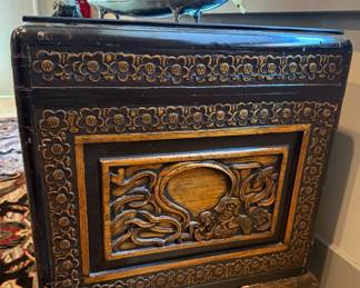 Chinese Hand Carved Foo Dog Walnut Chest