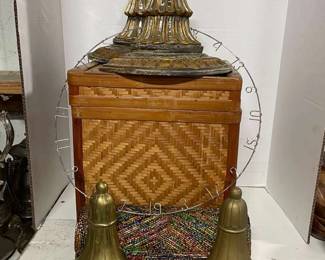Bamboo Chest Brass Wood Mirrored Wall Art Beaded Trinket Box