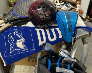 WD Bowling Ball Strata Golf Clubs Vintage Tennis Rackets More