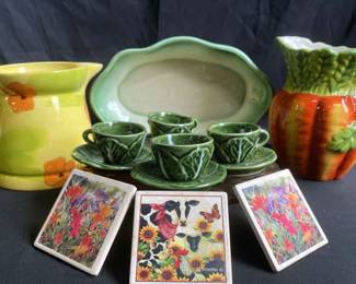 Noble Excellence Pitcher West Coast Pottery Teacups And Serving Dish With Pie Stand And Coasters