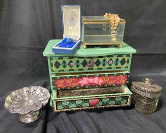 England Bone China Pins Jewelry Chest With Earrings Handmade Rings And Some Vintage Jewelry