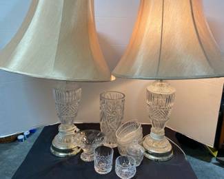 Two Vintage Crystal Based Lamps Bohemia Lead Crystal Vase Other Crystal Dishes