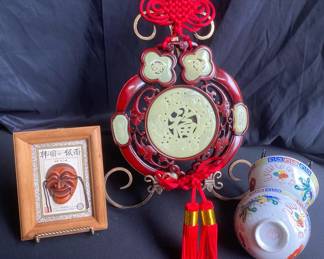 Faux Jade Red Knot Happy Buddha Wall Hanging With Korean Traditional Mask Image And 2 Bowls