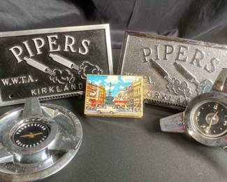 Thunderbird Wire Wheels With Vintage Match Box And 2 Metal Pipers Signs