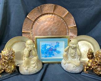 Copper Platter Etched Brass Tray Book Ends And Two Monk Statues