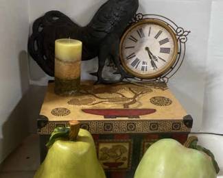 Faux Fruit Sterling And Noble Clock And Rooster Wall Hanging