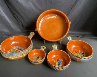 Handmade And Handpainted In Mexico Serving Set With Handles