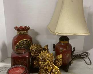 Wooden Base Lamp Bookends Vases and Matching Red Candle