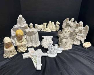 Ceramic Nativity Pieces Featuring Lyrical Angels And Cross Wall Fixtures