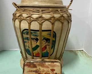 Asian Inspired Hand Painted Woven Bamboo Basket Mirrored Makeup Purse