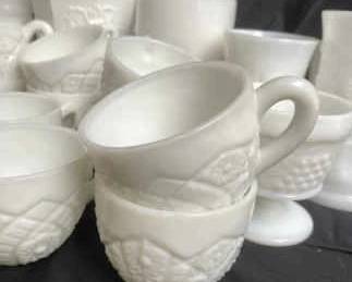 Milk Glass Including Teacups Glasses Trays Vases And Candy Dishes
