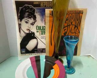 Mikasa The Rainbow Room Dinner Plates Colored Glass Vases and Audrey Hepburn Print