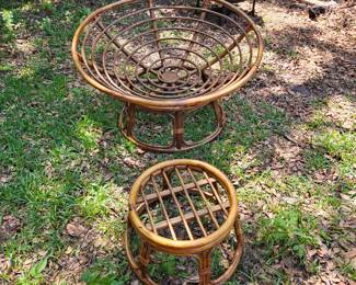 Three-piece vintage rattan papasan chair with ottoman base . $75