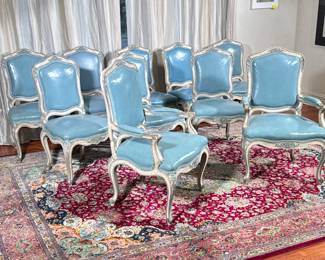 (10pc) 19th CENTURY FRENCH LOUIS XV STYLE DINING CHAIRS, ROBIN'S EGG LEATHER | Comprising two armchairs and eight side chairs, with blue and white distressed paint, aged robin's egg blue leather upholstery - h. 41 x w. 21 x d. 21 in