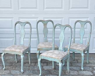 (4pc) RUSTIC BLUE PAINTED DINING CHAIRS | Set of 4 carved wood & blue painted dining chairs with rounded back over cabriole legs, Queen Anne style with modern flair - h. 39 x w. 20 x d. 19 in