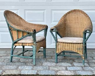 PAIR ENGLISH ARTS & CRAFTS STYLE RATTAN & WICKER ARMCHAIRS | Pair of wicker curved back armchairs with painted blue rattan frames, conforming scroll arms - h. 39.5 x w. 31 x d. 30 in