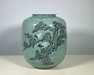KOREAN CRACKED GLAZE VASE | Crackle glazed Korean vase decorated with birds & flowers.
Dimensions: h. 12 x dia. 10 in