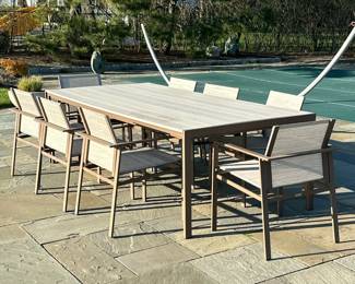 (9pc) RICHARD FRINIER FOR BROWN JORDAN PATIO DINING SET | Restoration hardware outdoor patio dining set with 8 armchairs and large dining table - h. 29 x w. 45 x l. 98 in