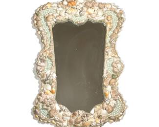 SEASHELL, MOSAIC & GLASS MIRROR | Mirror with mosaic glass & applied seashells decorating the serpentine frame - h. 39 x w. 24 x d. 3 in